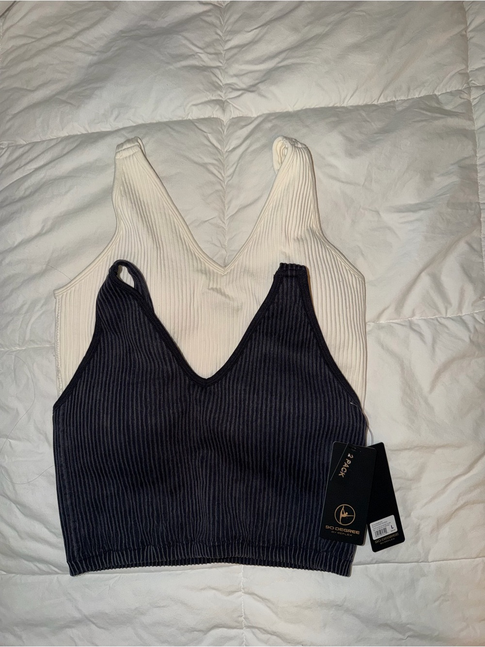 Reflex 90 Degree Ribbed V-Neck Crop Tank Top - Black & Cream (2-Pack)